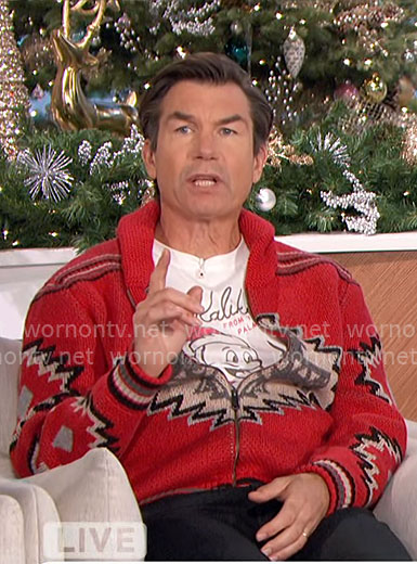 Jerry's red printed cardigan on The Talk
