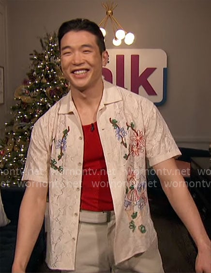 Joel Kim Booster's floral embroidered shirt on The Talk