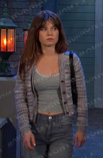 Joy's grey tee and blue knit cardigan on Days of our Lives
