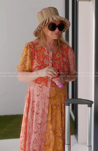 Kathy's floral patchwork dress and straw hat on The Real Housewives of Beverly Hills