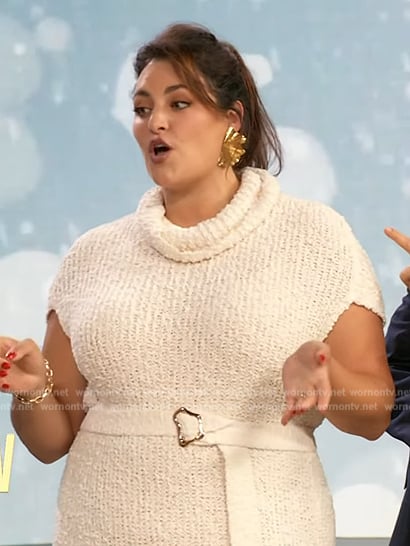Kristina Zias's white knit belted dress on The Drew Barrymore Show