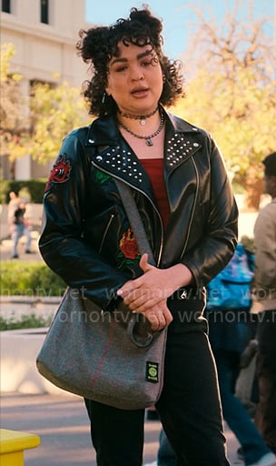 Lila's floral leather jacket on The Sex Lives of College Girls