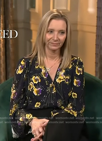 Lisa Kudrow's black floral print blouse on Access Hollywood