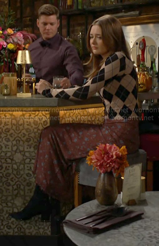 Faith's argyle print cardigan and floral maxi skirt on The Young and the Restless