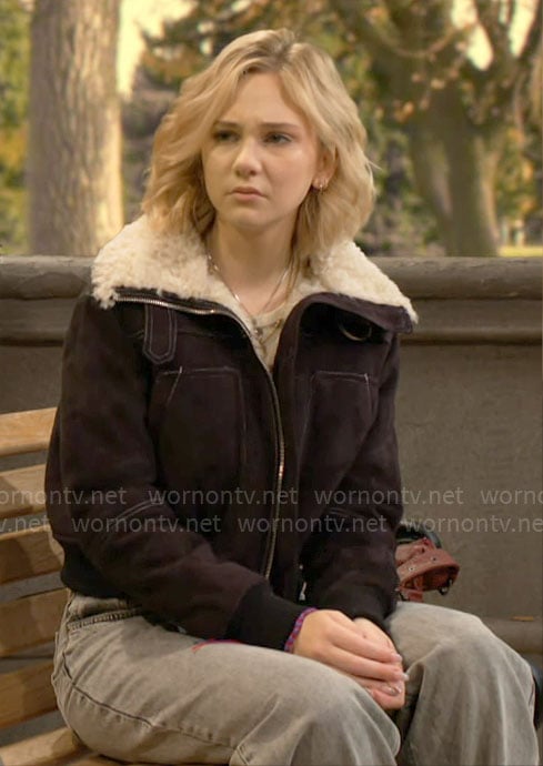 Lucy's black fleece lined jacket on The Young and the Restless