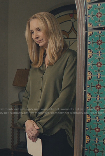 Lydia's green silk button down blouse on No Good Deed