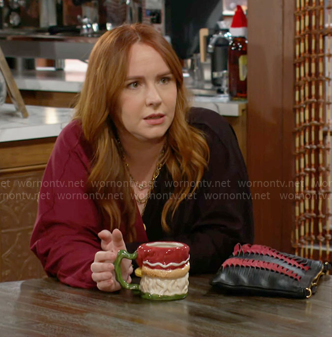 Mariah's black and red wrap top on The Young and the Restless