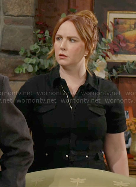 Mariah's black short sleeved jumpsuit on The Young and the Restless