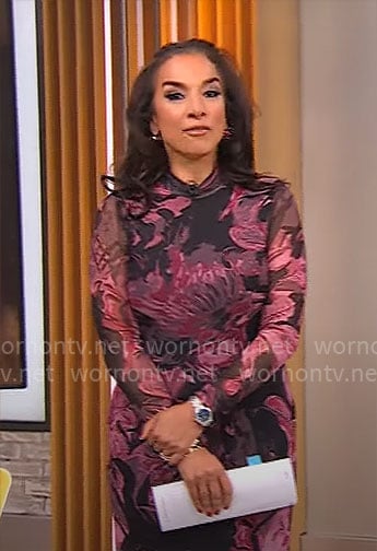 Michelle Miller's pink abstract floral mesh dress on CBS Mornings