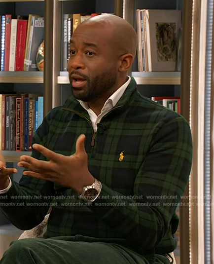 Mikel Welch's green plaid zip sweater on The Drew Barrymore Show