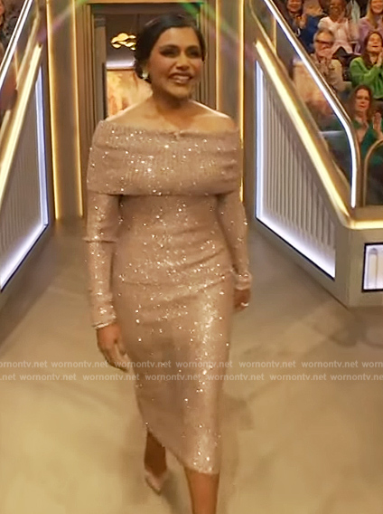Mindy Kaling's sequin off shoulder top and skirt on The Drew Barrymore Show