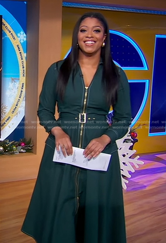 Morgan's green belted zip front dress on Good Morning America