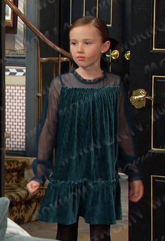 Rachel's teal velour dress with mesh sleeves on Days of our Lives