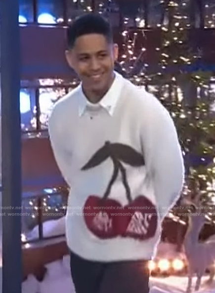 Rhenzy Feliz's cherry print mohair sweater on The Kelly Clarkson Show
