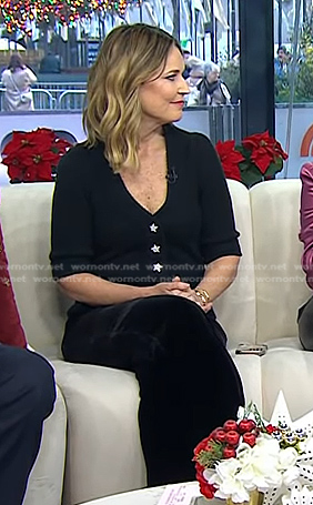 Savannah's black star button cardigan and zipped velvet pants on Today
