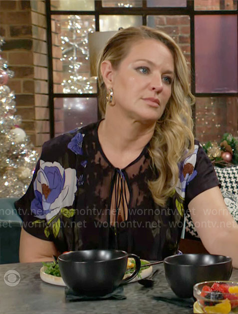 Sharon's black floral tie keyhole dress on The Young and the Restless
