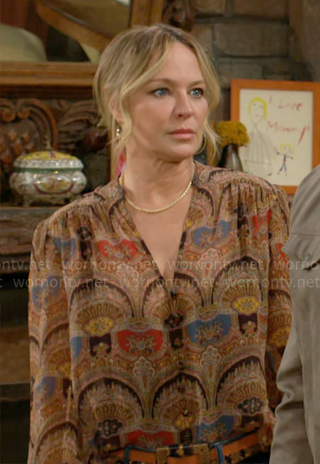Sharon's printed v-neck blouse on The Young and the Restless