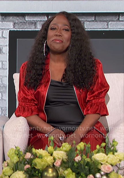 Sheryl's red satin jacket and pants set on The Talk
