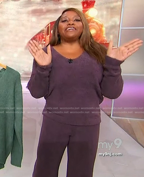 Sherri's purple textured sweatshirt and pant set on Sherri