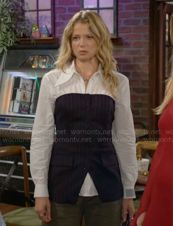 Summer's pinstripe strapless top and white shirt on The Young and the Restless