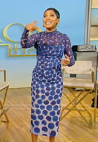 Tamron's blue printed mesh top and dress on Tamron Hall Show