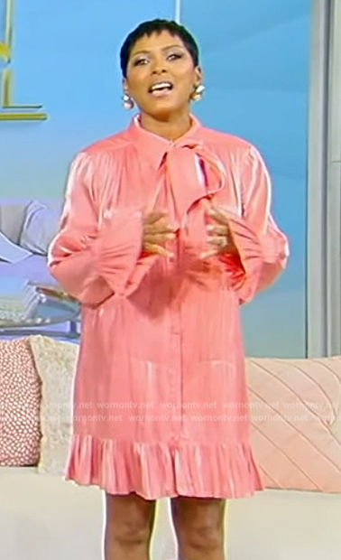 Tamron's pink satin tie neck mini dress on Tamron Hall Show