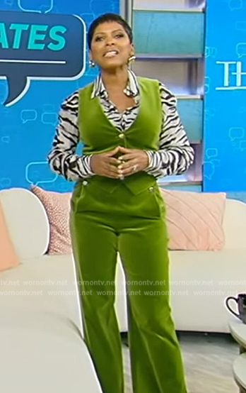Tamron's green velvet vest and pants on Tamron Hall Show