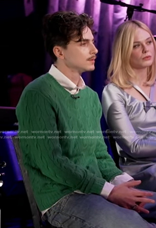 Timothée Chalame's green cable knit sweater on Good Morning America