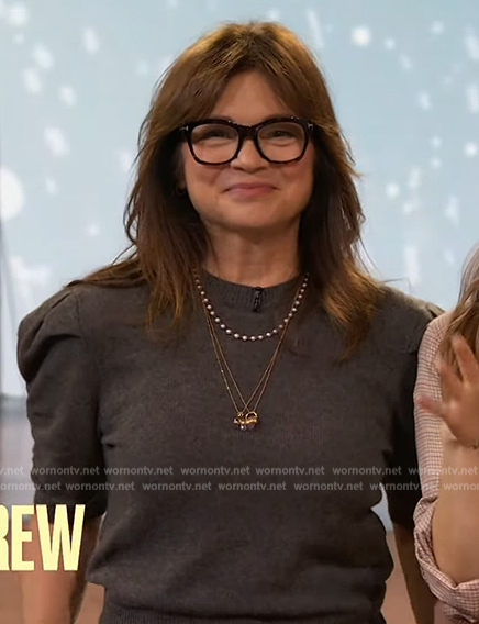 Valerie Bertinelli's gray puff sleeve sweater on The Drew Barrymore Show