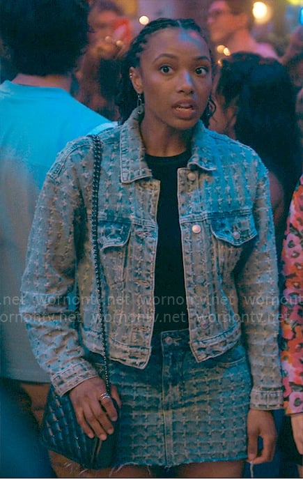 Whitney's textured denim jacket and skirt set on The Sex Lives of College Girls