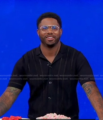 Kwame Onwuachi's black embroidered short sleeve shirt on Good Morning America