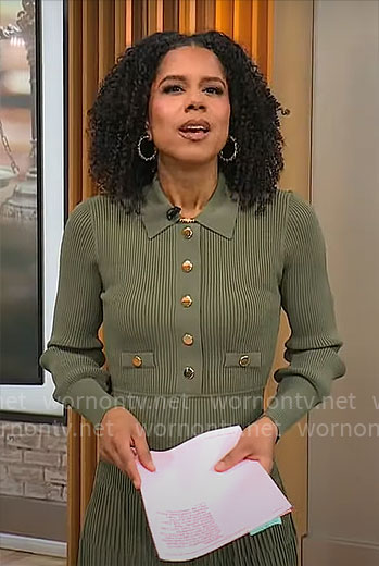 Adriana Diaz's green rib knit dress with button front on CBS Mornings