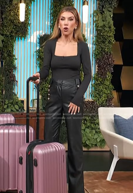 Adrianna Costa's black leather pants and bodysuit on Access Hollywood