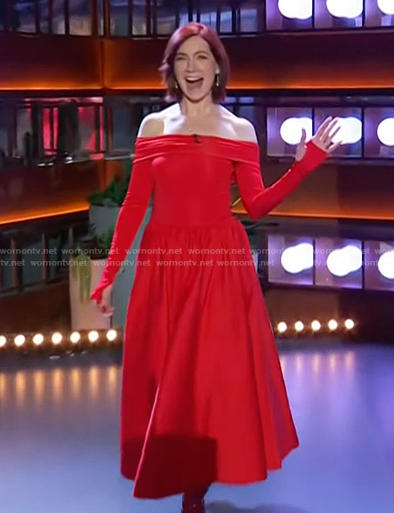 Carrie Preston's red off shoulder long sleeve dress on The Kelly Clarkson Show