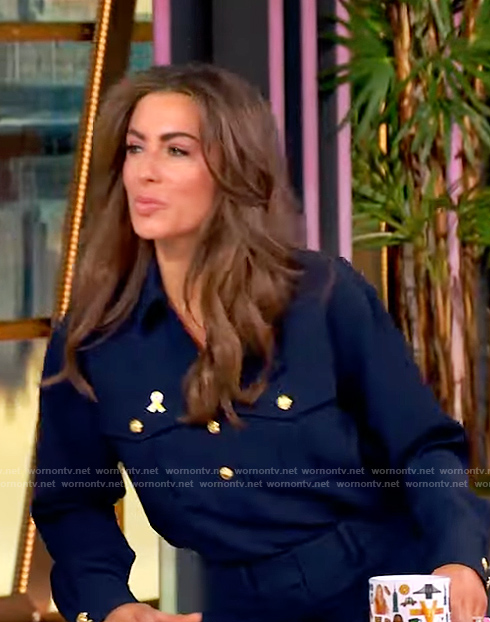 Alyssa's navy gold button shirt and pants on The View