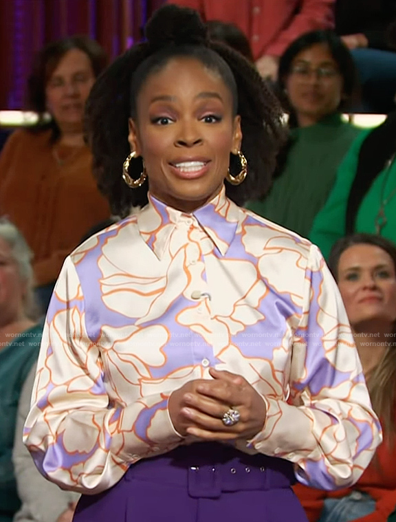 Amber Ruffin's purple floral print blouse on The Kelly Clarkson Show