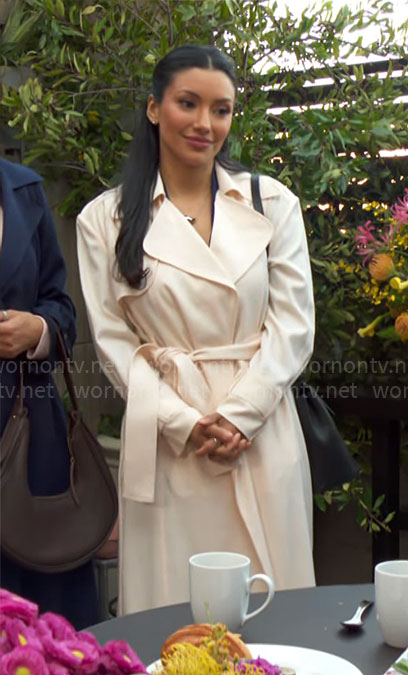 Audra's light peach trench coat on The Young and the Restless
