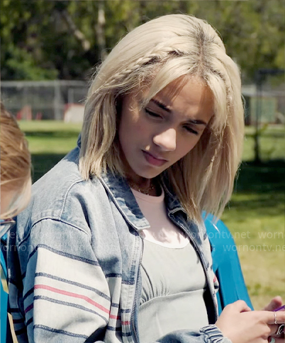 Ava's striped denim jacket on High Potential