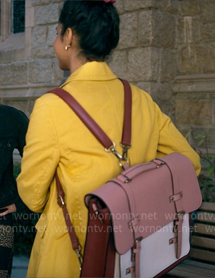 Bela's pink colorblock backpack on The Sex Lives of College Girls