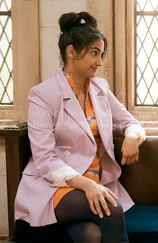 Bela's orange tie dye dress and purple blazer on The Sex Lives of College Girls