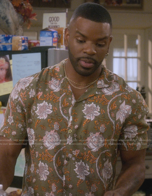 Bernard's green floral print shirt on The Upshaws
