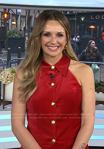 Carly Pearce's red sleeveless velvet top and pants on Today