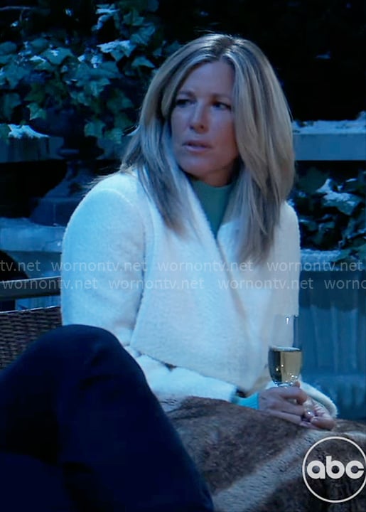 Carly's white textured short wrap coat on General Hospital