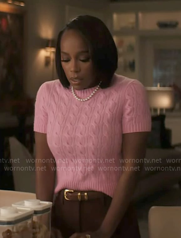 Catherine's pink cable-knit top on Grosse Pointe Garden Society