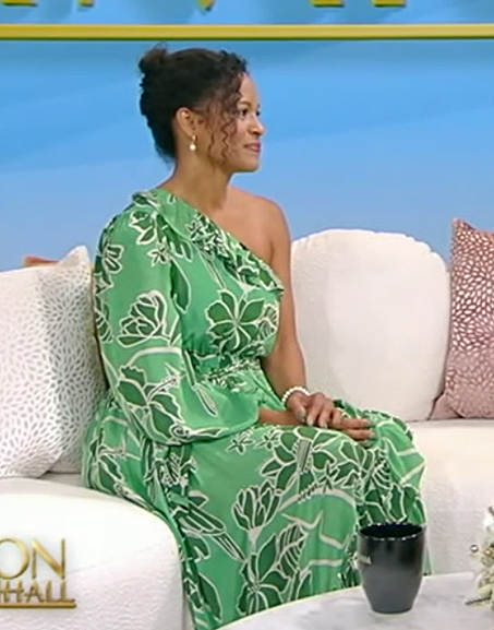 Ch-a Mosley's green floral one shoulder dress on Tamron Hall Show