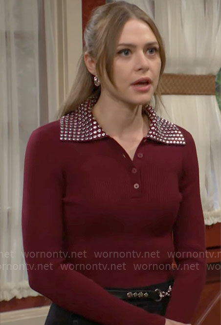 Claire's burgundy top with studded collar on The Young and the Restless
