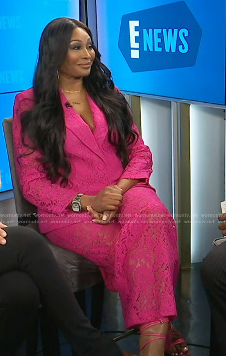 Cynthia's pink lace blazer and pants on E! News