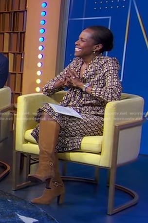 Deborah's brown print tie neck dress and boots on Good Morning America