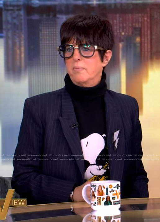 Diane Warren's black Snoopy graphic turtleneck on The View