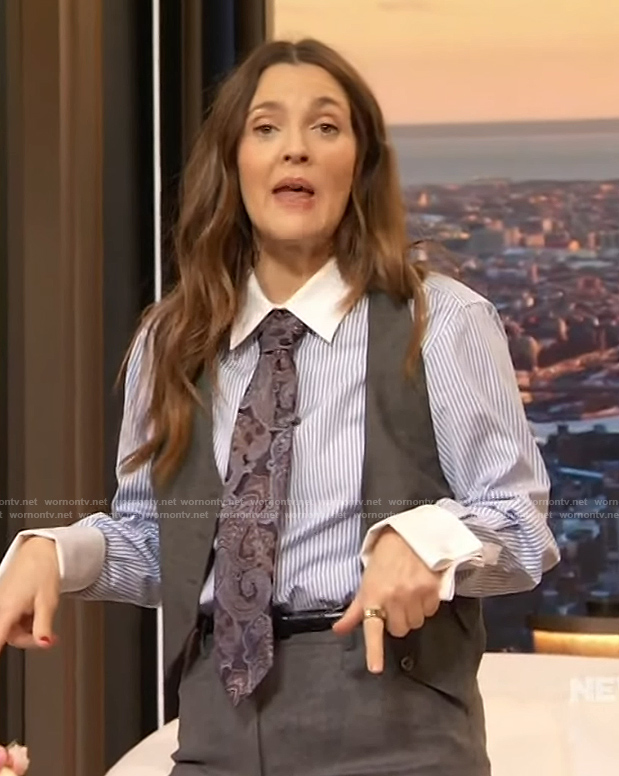 Drew's gray vest and pants on The Drew Barrymore Show